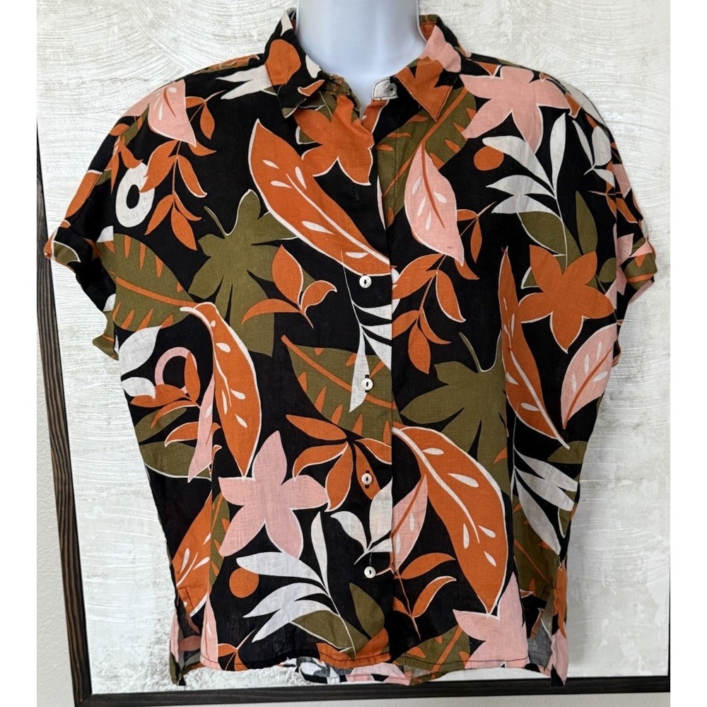 C&C California Tropical 100% Linen Short Sleeve Black Orange Green Top Sz Small